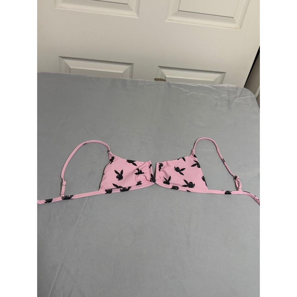 Playboy Pink Bunny Logo Print Triangle Bikini Top Womens XS Adjustable Straps